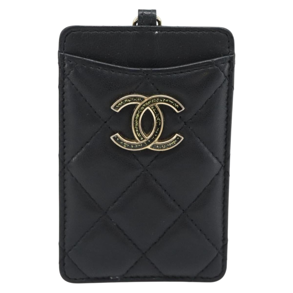 CHANEL Matelasse Chain Card Case Lamb Skin Black Gold CC Auth 181678A