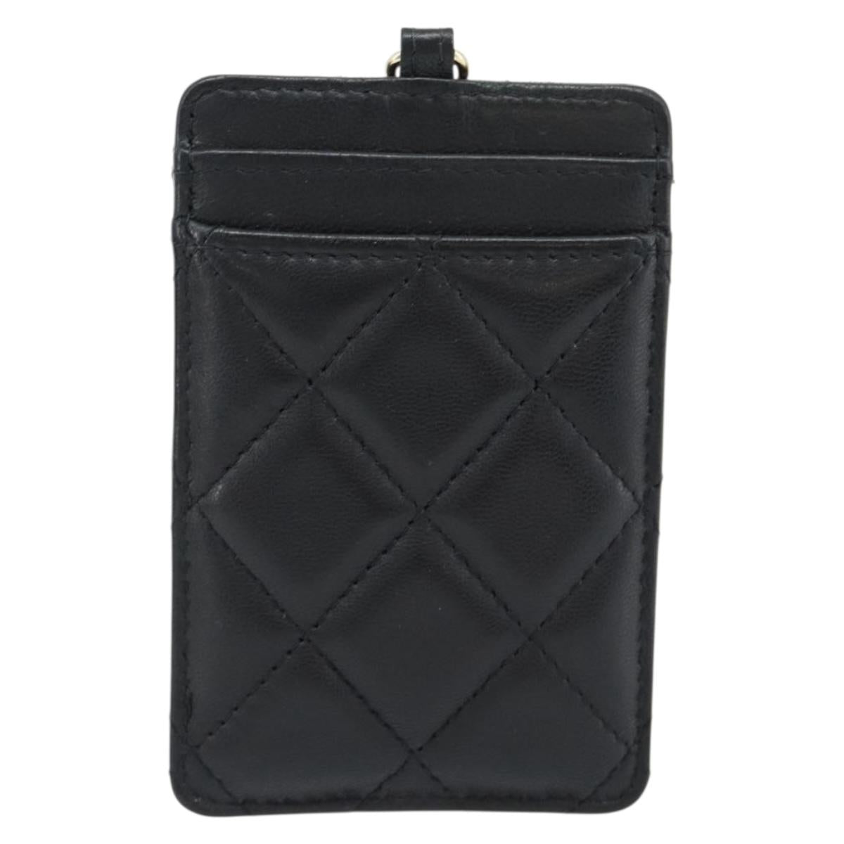 CHANEL Matelasse Chain Card Case Lamb Skin Black Gold CC Auth 181678A