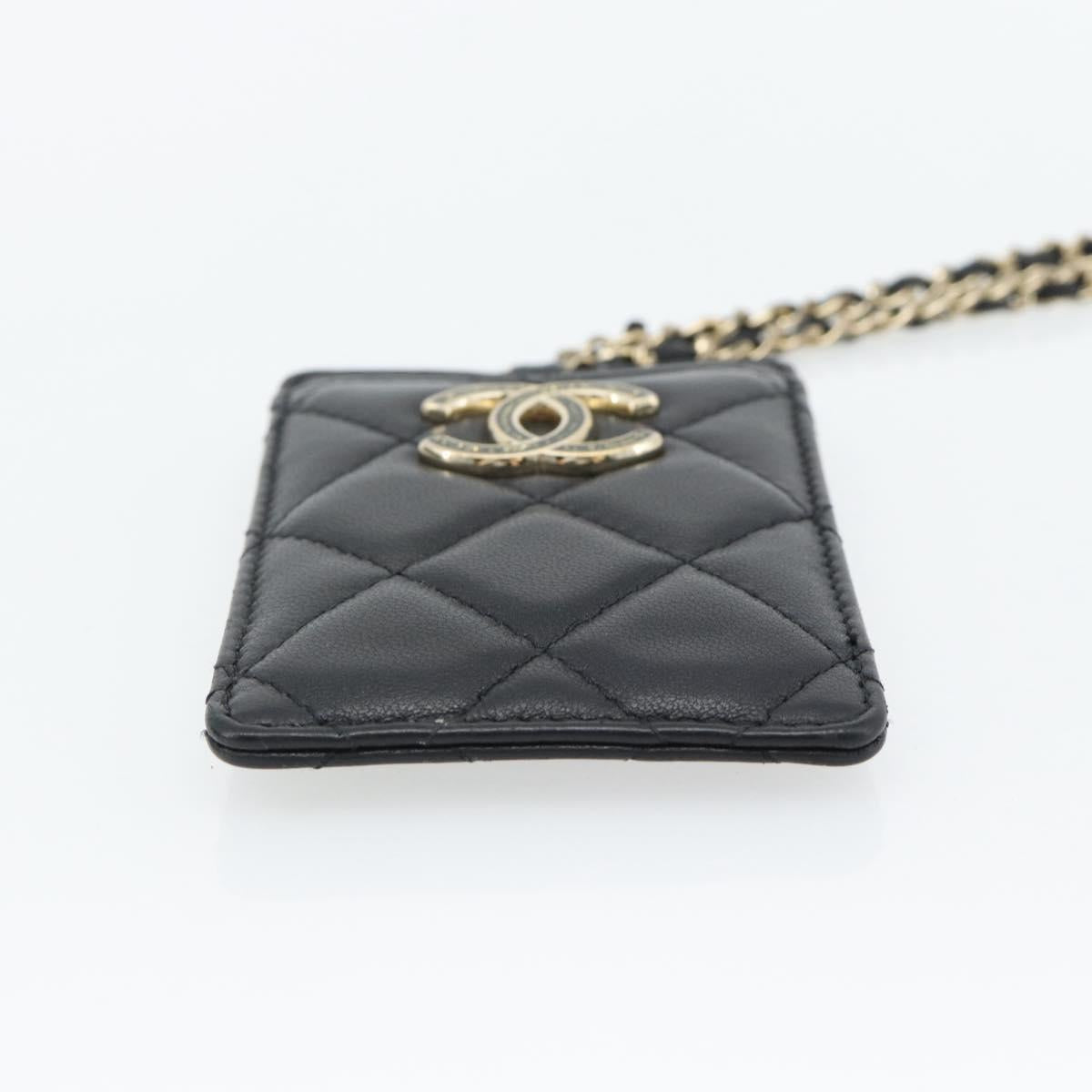 CHANEL Matelasse Chain Card Case Lamb Skin Black Gold CC Auth 181678A
