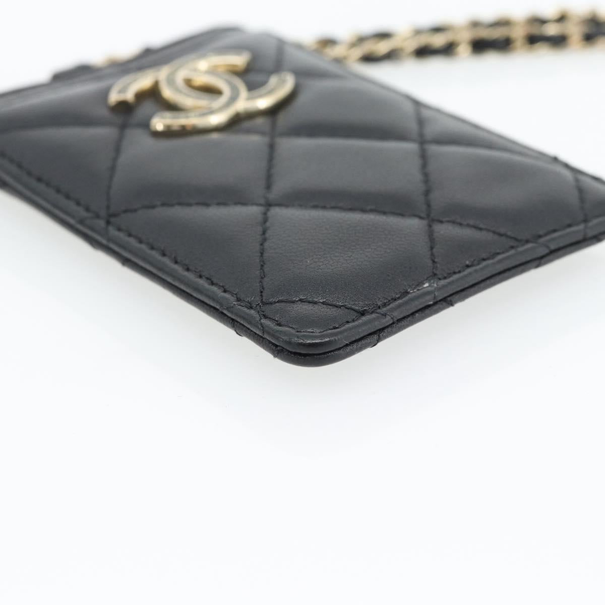 CHANEL Matelasse Chain Card Case Lamb Skin Black Gold CC Auth 181678A