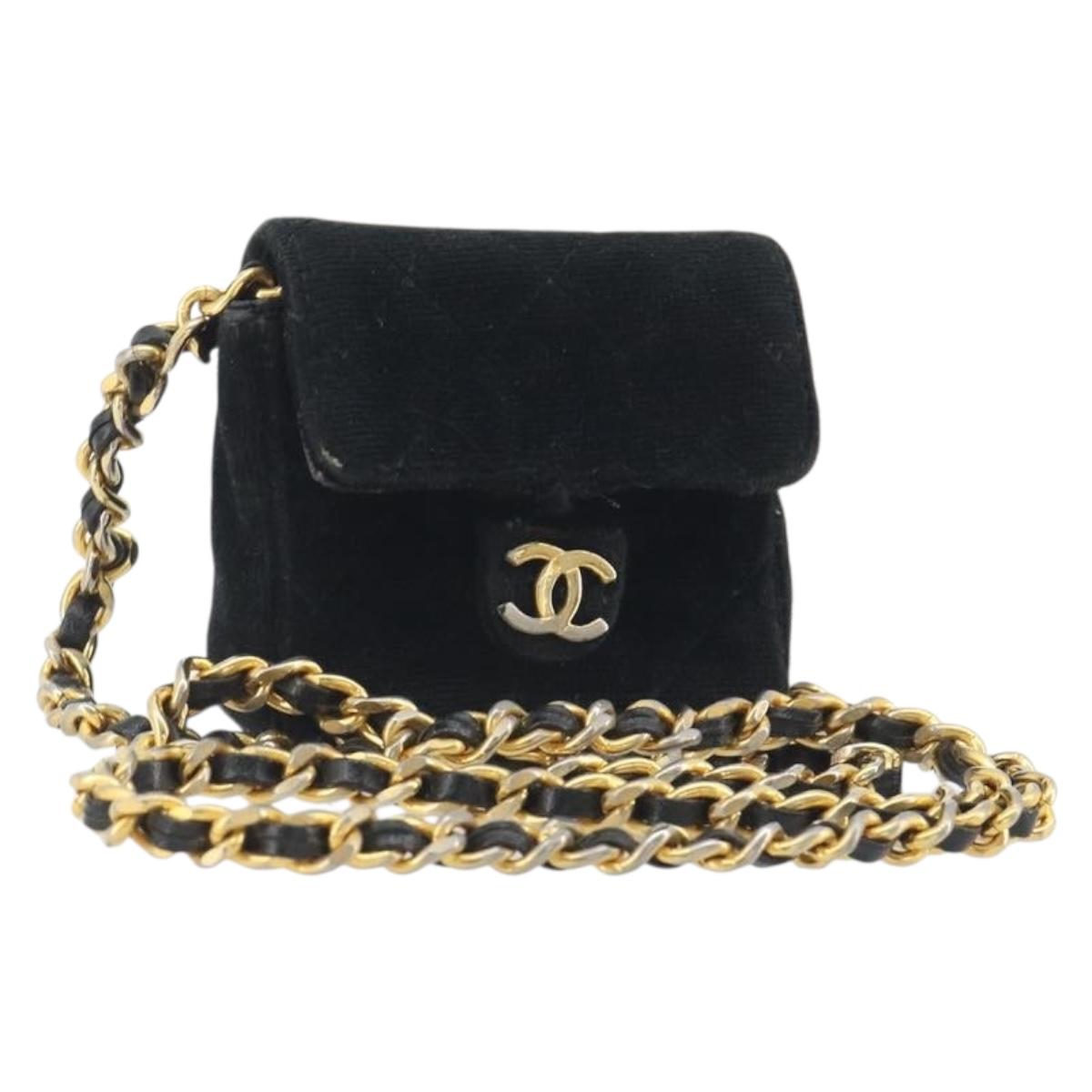 CHANEL Mini Matelasse Neck Pouch Velor Black Gold CC Auth 181680