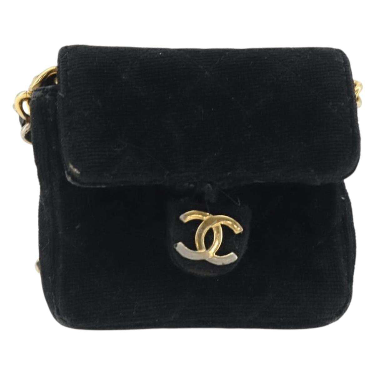 CHANEL Mini Matelasse Neck Pouch Velor Black Gold CC Auth 181680