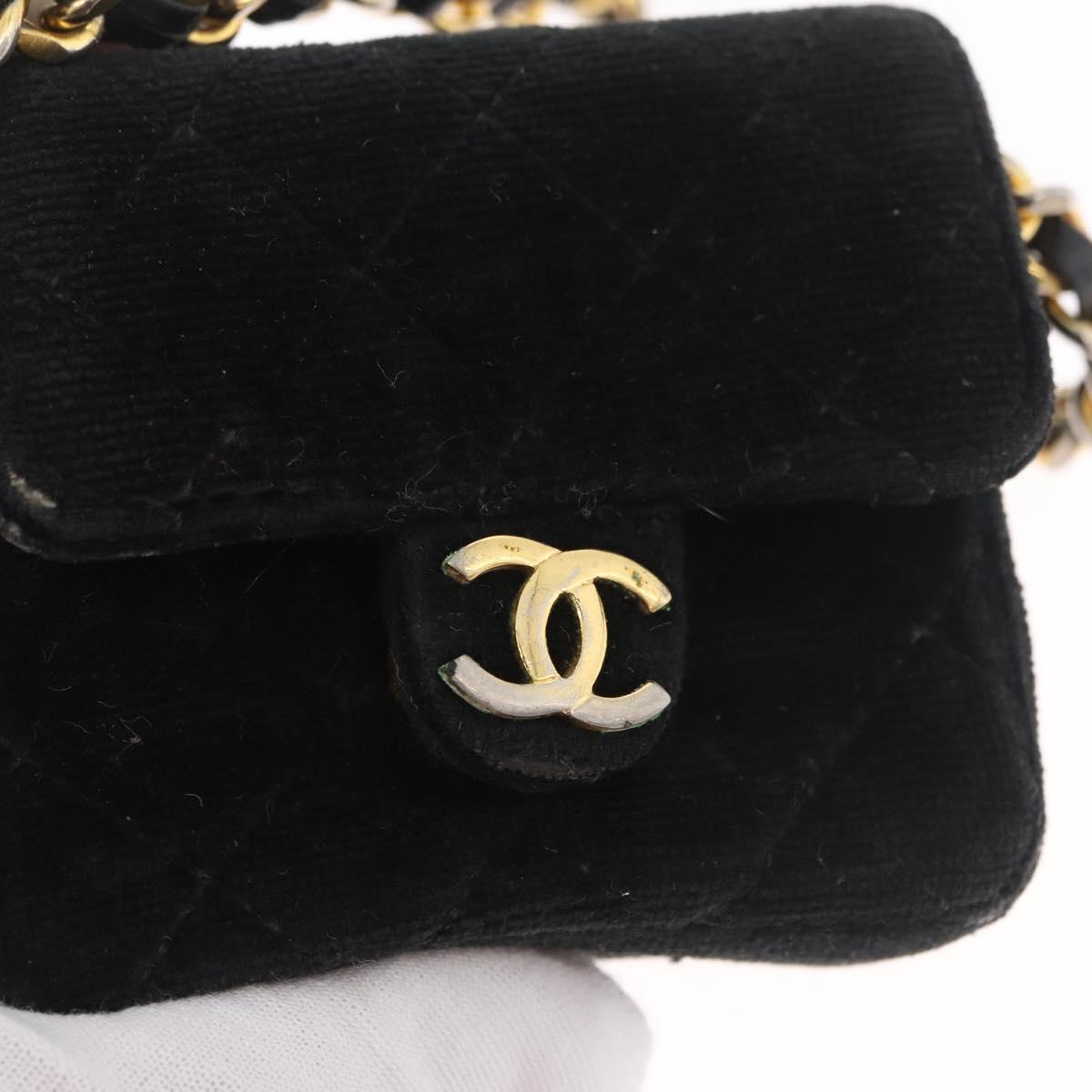 CHANEL Mini Matelasse Neck Pouch Velor Black Gold CC Auth 181680A