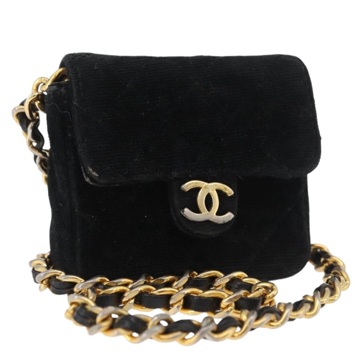 CHANEL Mini Matelasse Neck Pouch Velor Black Gold CC Auth 181680A
