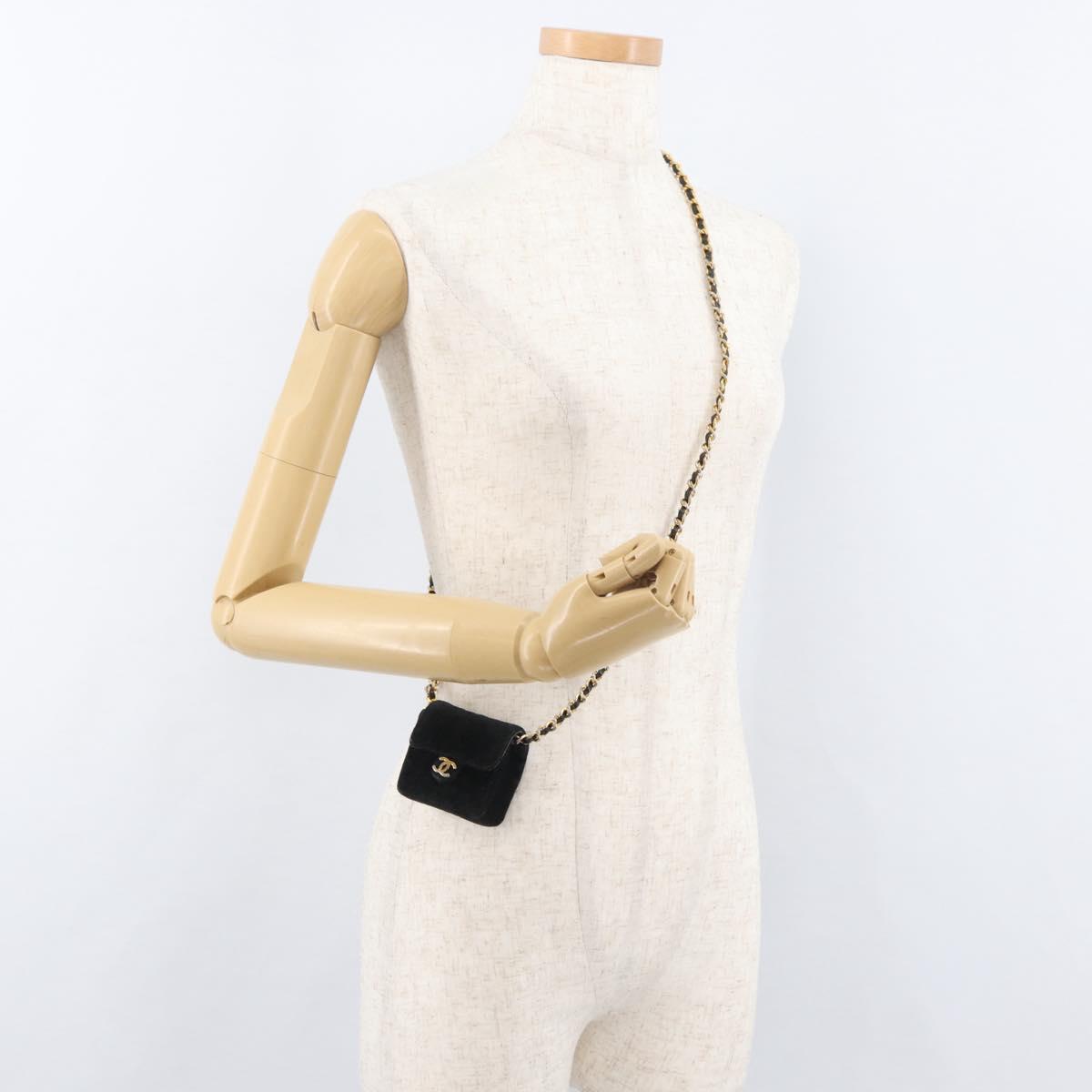 CHANEL Mini Matelasse Neck Pouch Velor Black Gold CC Auth 181680A