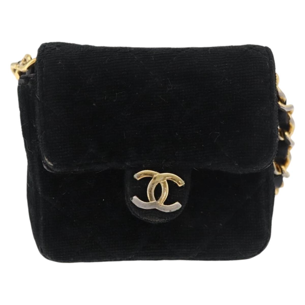 CHANEL Mini Matelasse Neck Pouch Velor Black Gold CC Auth 181680A