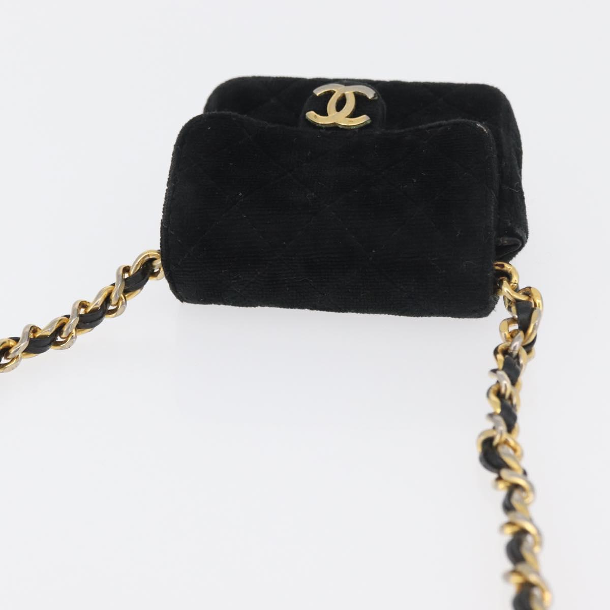CHANEL Mini Matelasse Neck Pouch Velor Black Gold CC Auth 181680A