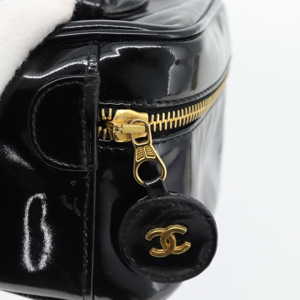 CHANEL COCO Mark Vanity Hand Bag Patent Leather Black Gold CC Auth 181704