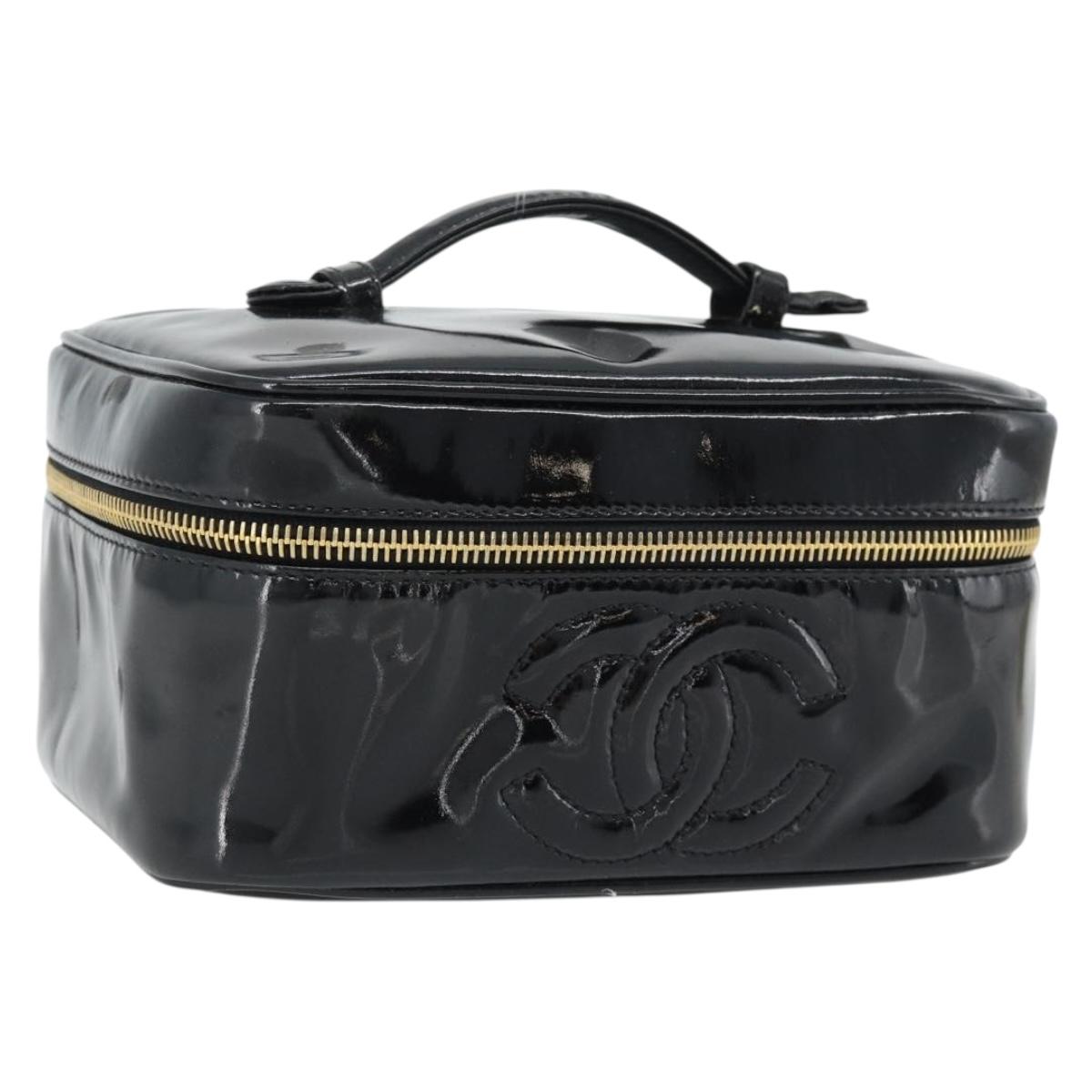 CHANEL COCO Mark Vanity Hand Bag Patent Leather Black Gold CC Auth 181704