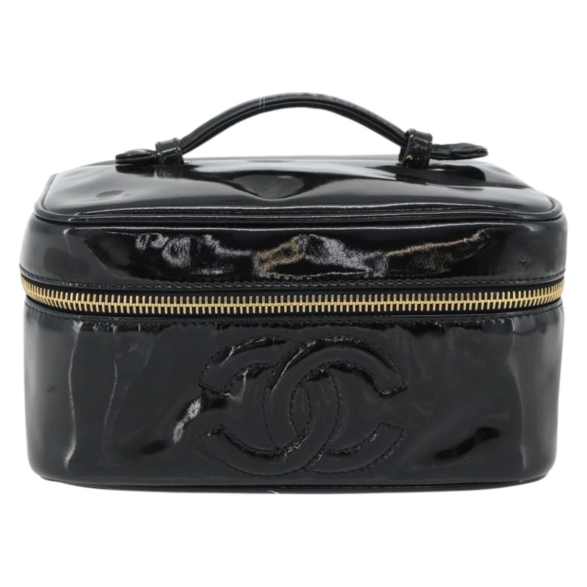 CHANEL COCO Mark Vanity Hand Bag Patent Leather Black Gold CC Auth 181704