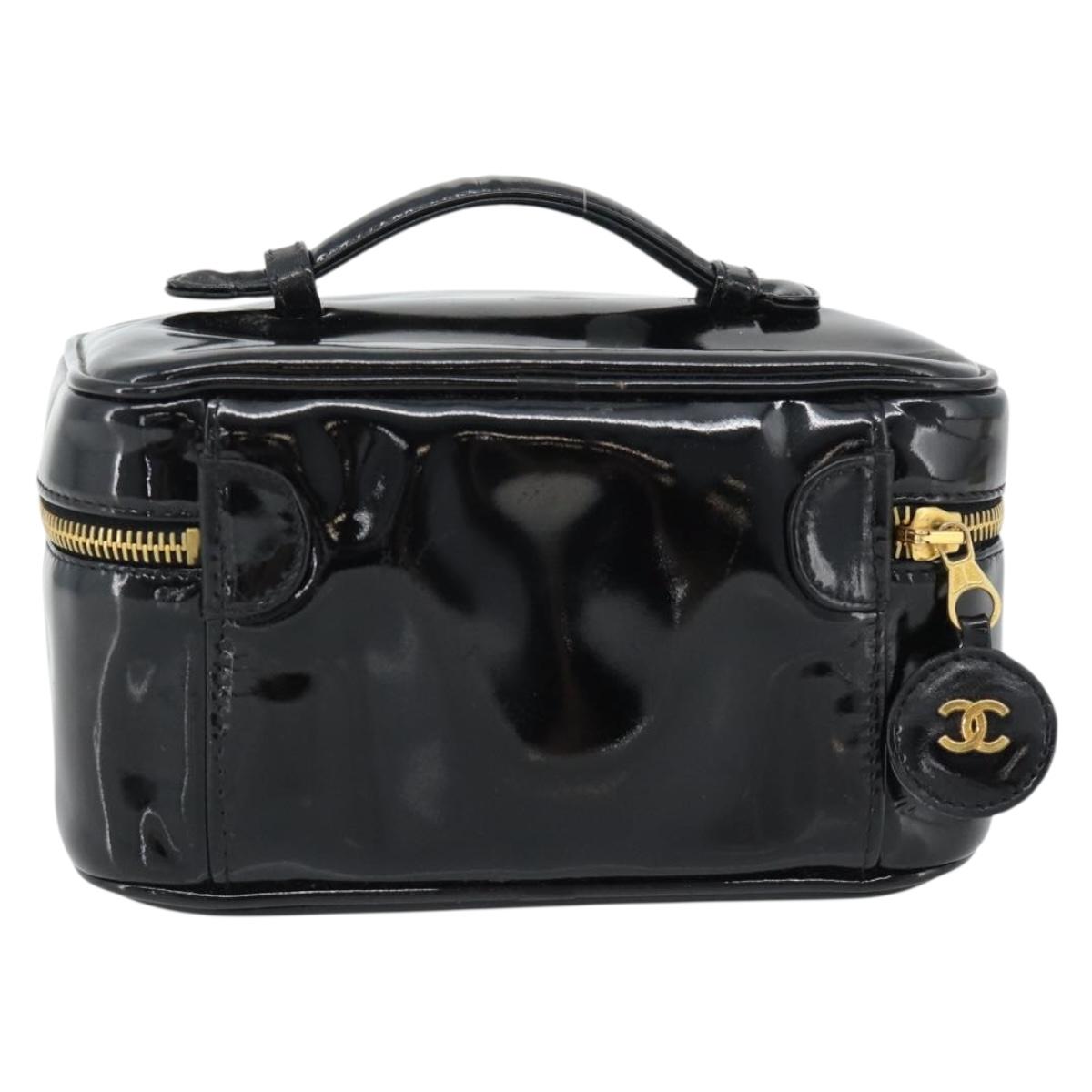 CHANEL COCO Mark Vanity Hand Bag Patent Leather Black Gold CC Auth 181704