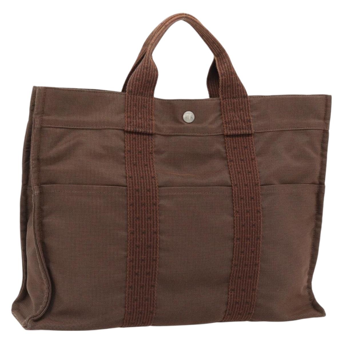 HERMES Fourre Tout MM Hand Bag Canvas Brown Silver Auth 181710