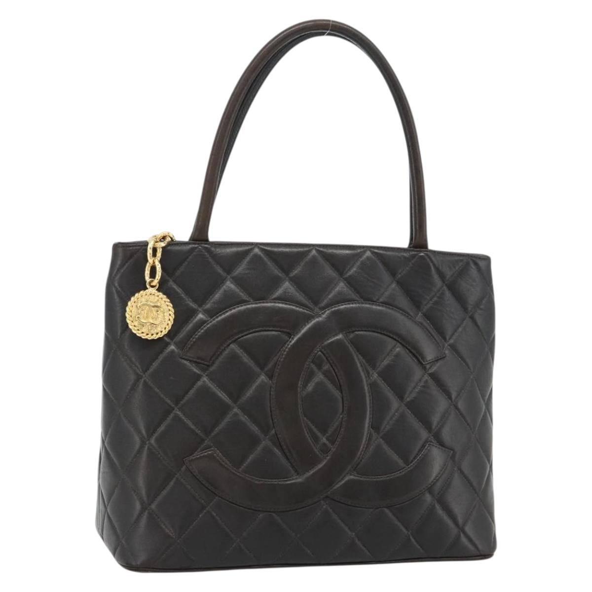 CHANEL Matelasse Reprint Tote Bag Lamb Skin Black Gold CC Auth 181711A