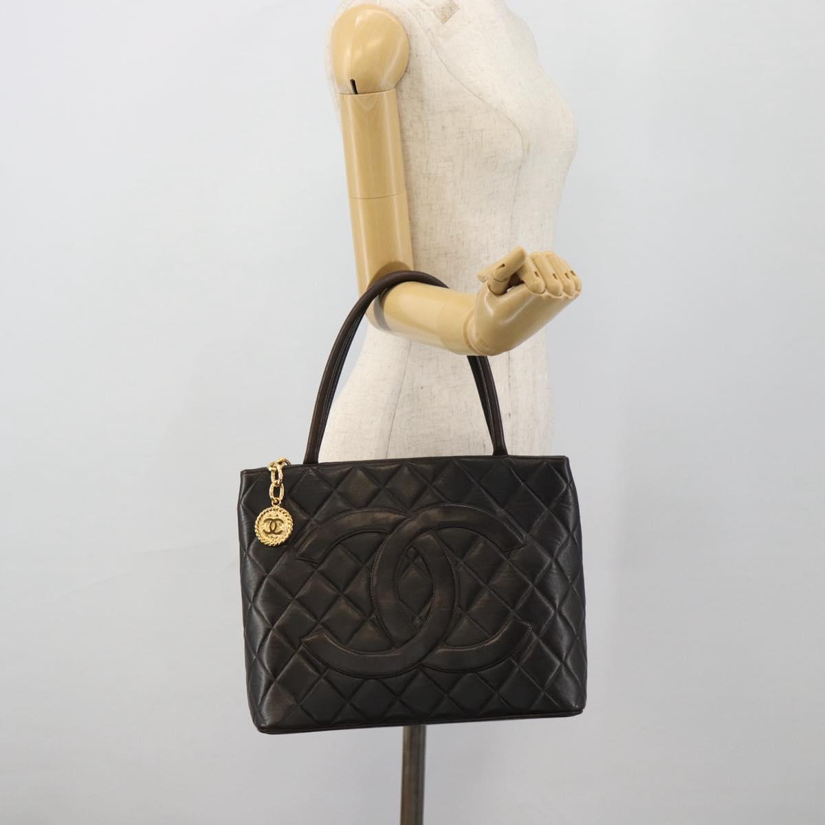 CHANEL Matelasse Reprint Tote Bag Lamb Skin Black Gold CC Auth 181711A