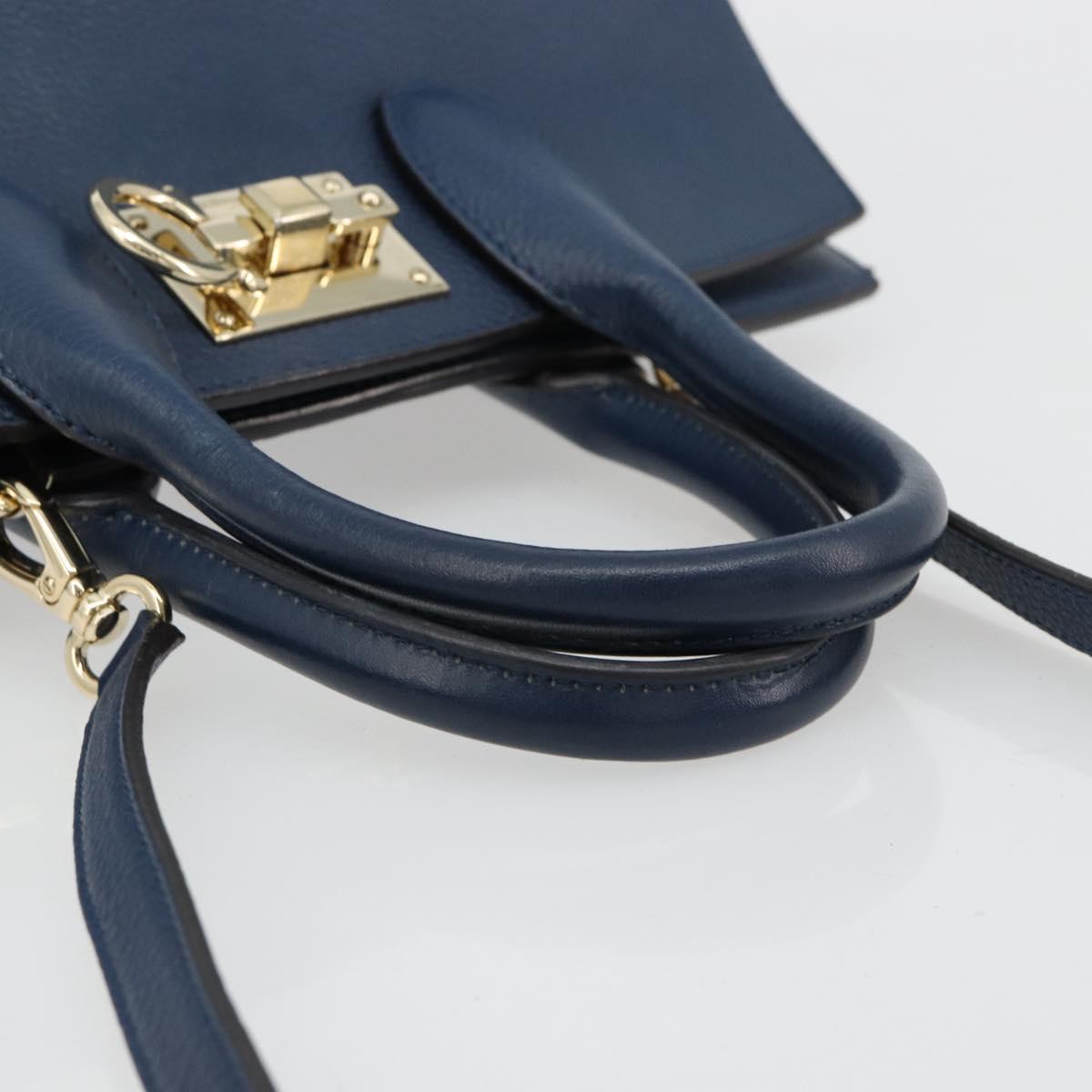 Salvatore Ferragamo Studio Hand Bag Leather 2way Blue Gold Auth 181716A