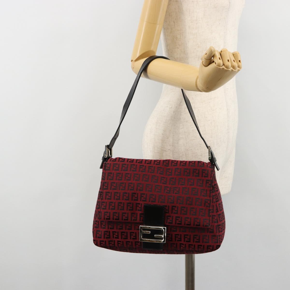 FENDI Zucchino Canvas Mamma Baguette Shoulder Bag Red Silver Auth 181719V