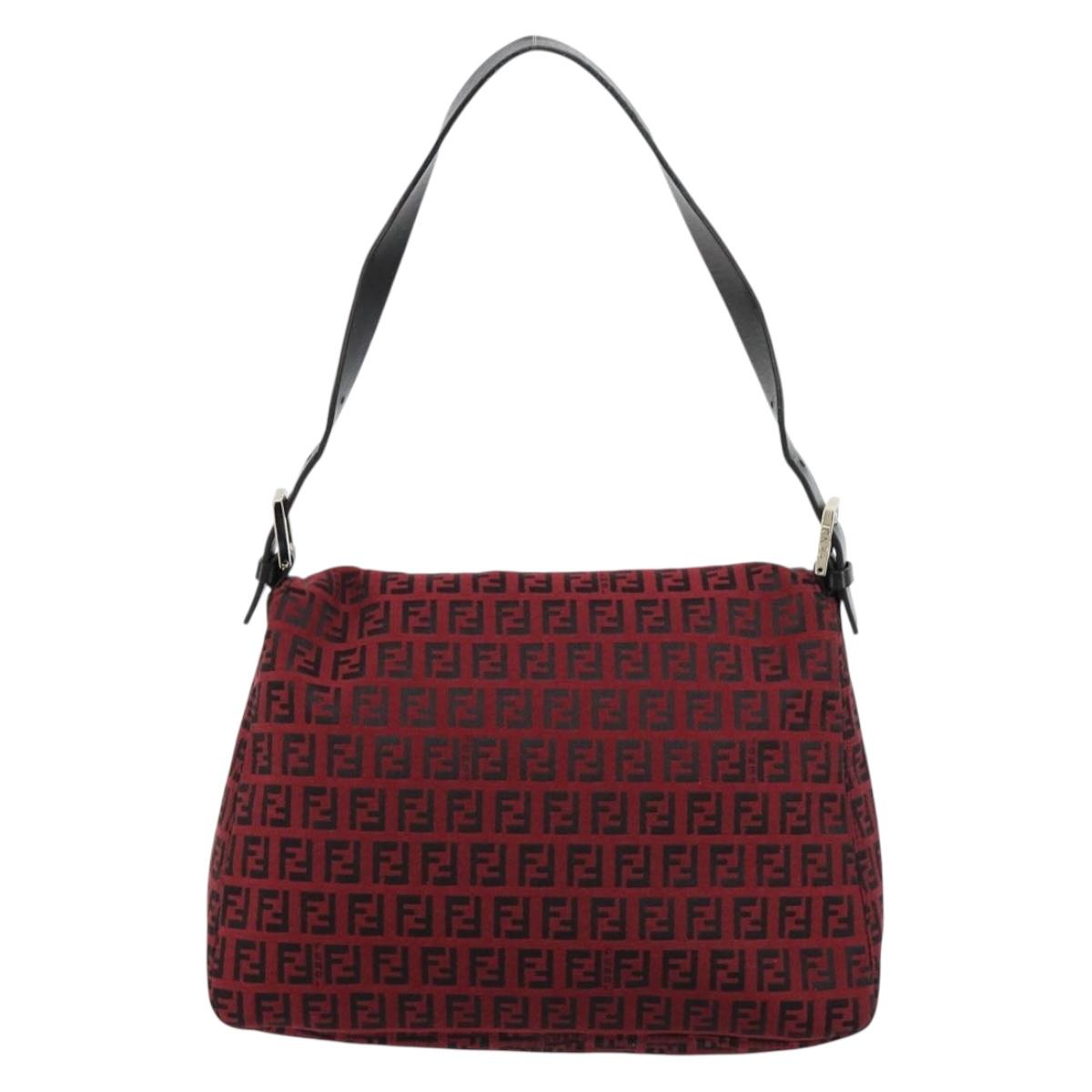 FENDI Zucchino Canvas Mamma Baguette Shoulder Bag Red Silver Auth 181719V