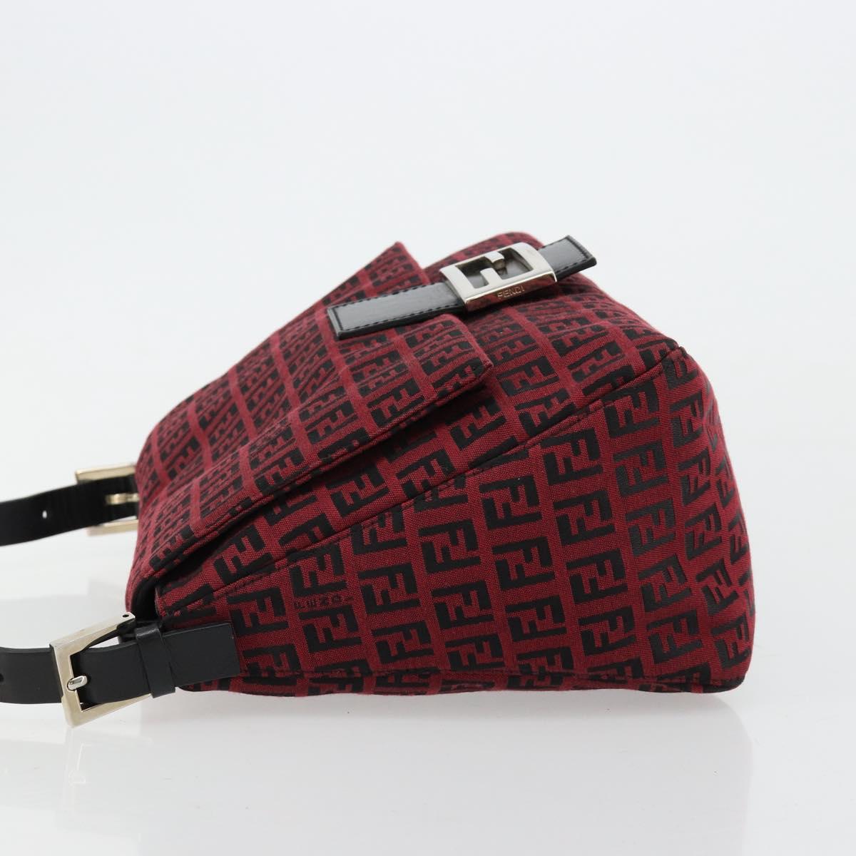 FENDI Zucchino Canvas Mamma Baguette Shoulder Bag Red Silver Auth 181719V