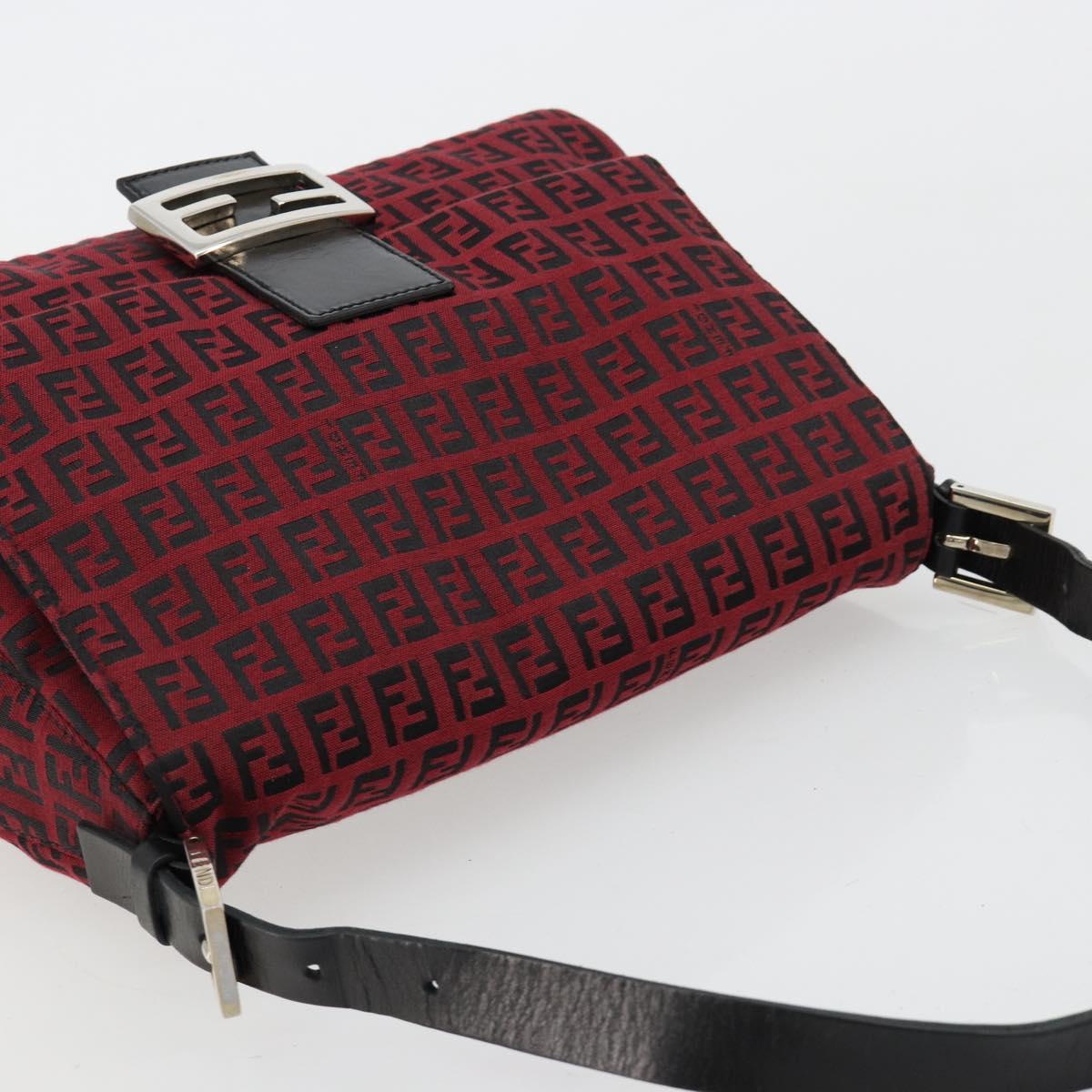 FENDI Zucchino Canvas Mamma Baguette Shoulder Bag Red Silver Auth 181719V