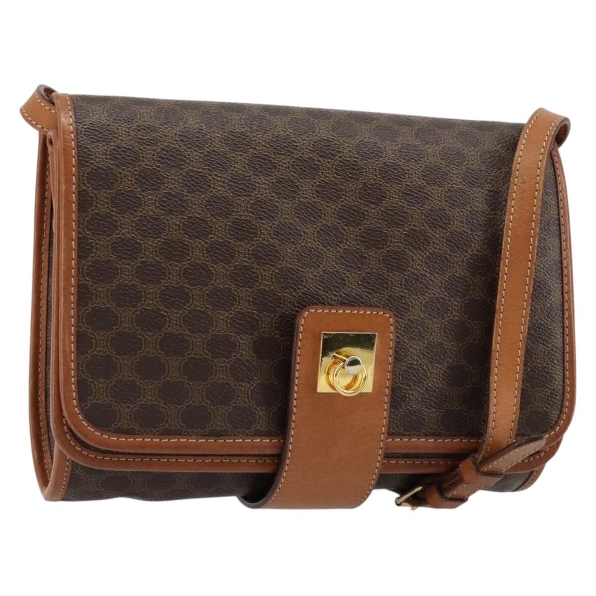 CELINE Macadam Canvas Shoulder Bag PVC Leather Brown Gold Auth 181724