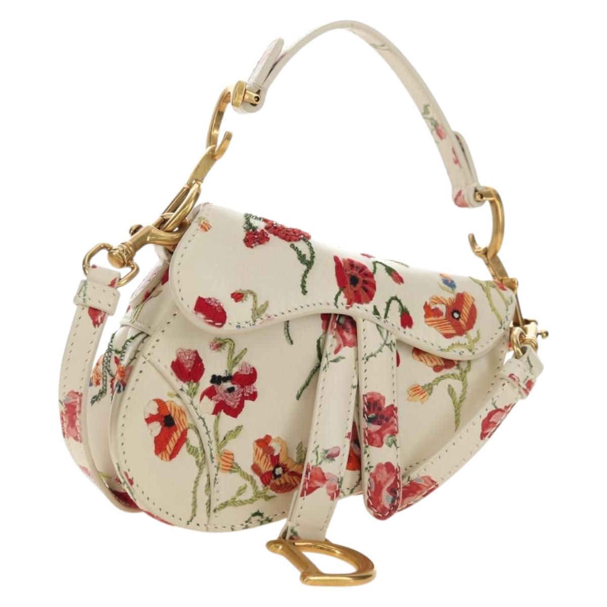 Christian Dior Saddle Shoulder Bag Leather 2way White Gold Auth 181753SAM