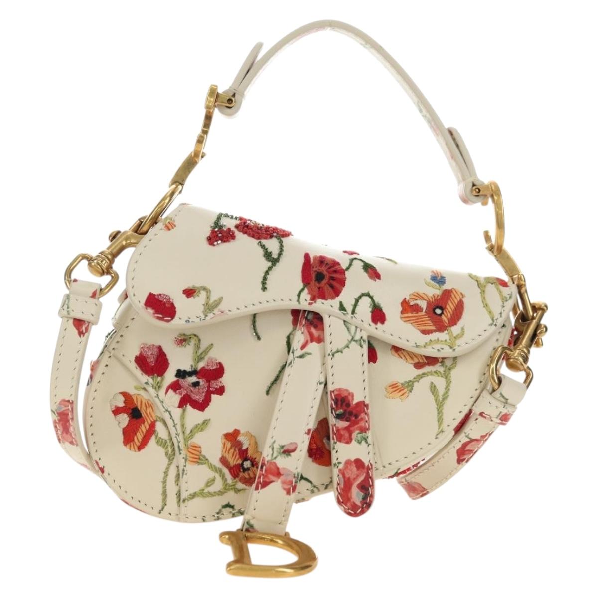 Christian Dior Saddle Shoulder Bag Leather 2way White Gold Auth 181753SAM