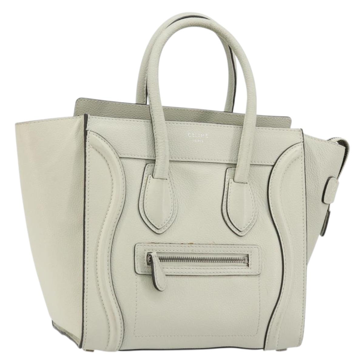 CELINE Luggage Micro Shopper Hand Bag Leather Ivory Silver Auth 181757M