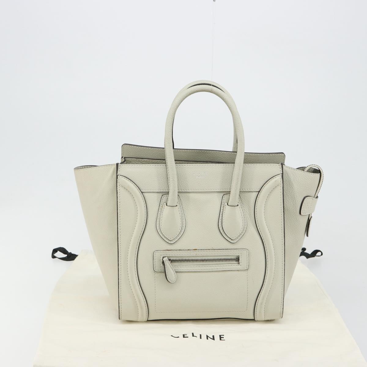 CELINE Luggage Micro Shopper Hand Bag Leather Ivory Silver Auth 181757M