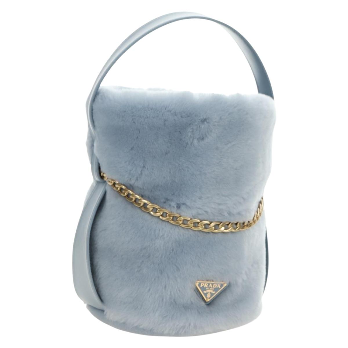 PRADA Petit Sac Noir Hand Bag fur Light Blue Gold Auth 181769SAM