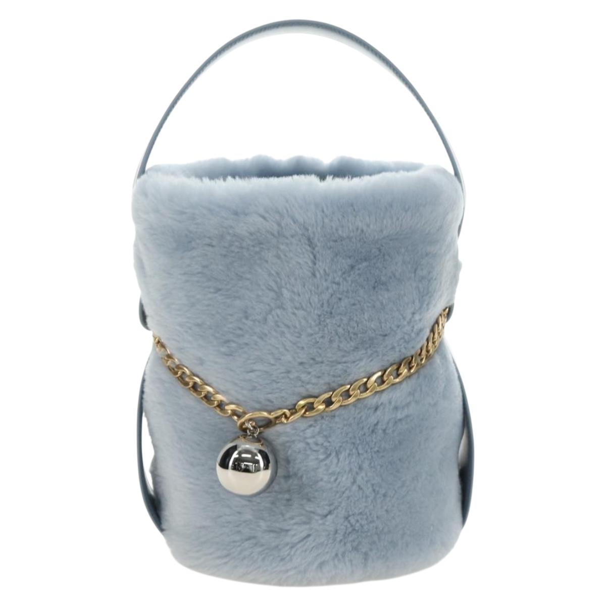 PRADA Petit Sac Noir Hand Bag fur Light Blue Gold Auth 181769SAM