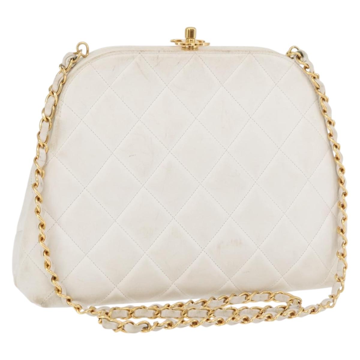 CHANEL Matelasse Chain Shoulder Bag Lamb Skin White Gold CC Auth 181776V
