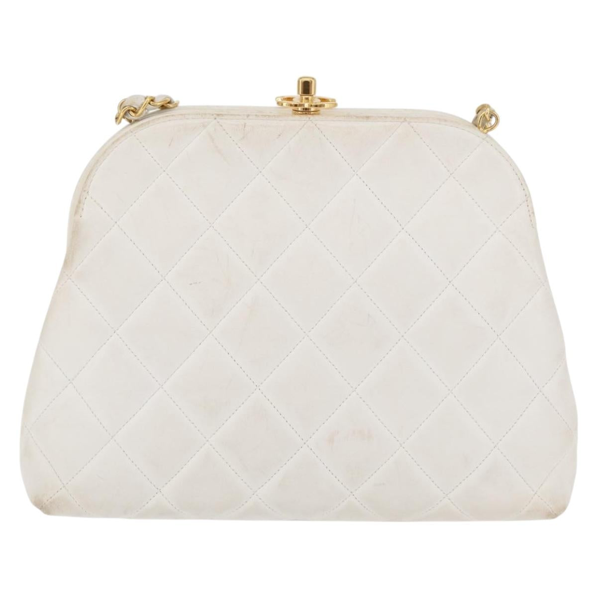 CHANEL Matelasse Chain Shoulder Bag Lamb Skin White Gold CC Auth 181776V