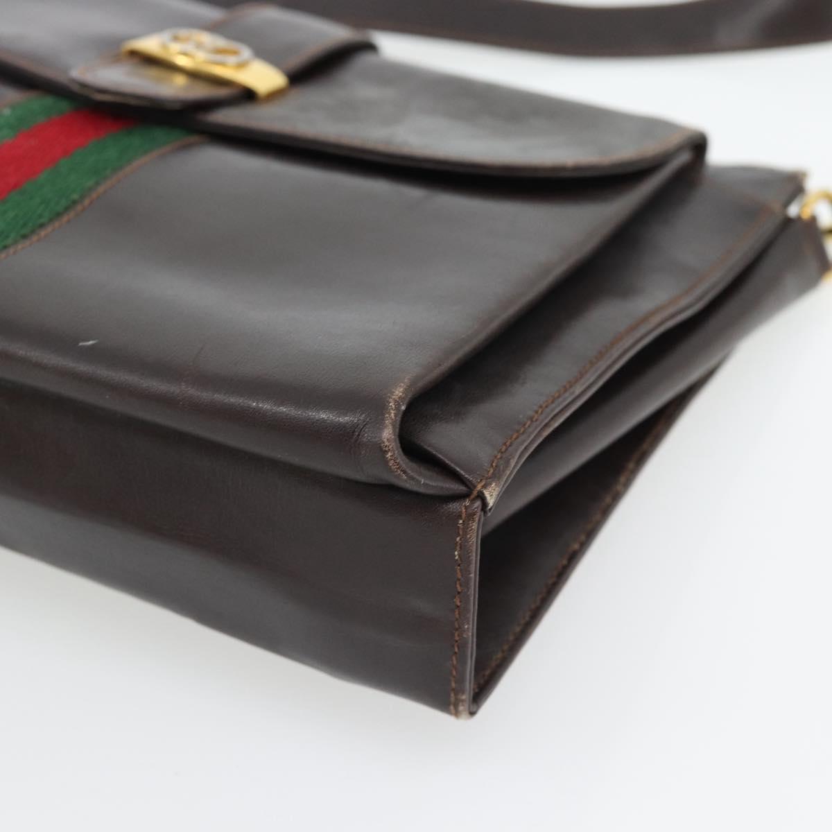 GUCCI Web Sherry Line Shoulder Bag Leather Brown Red Green Auth 181788