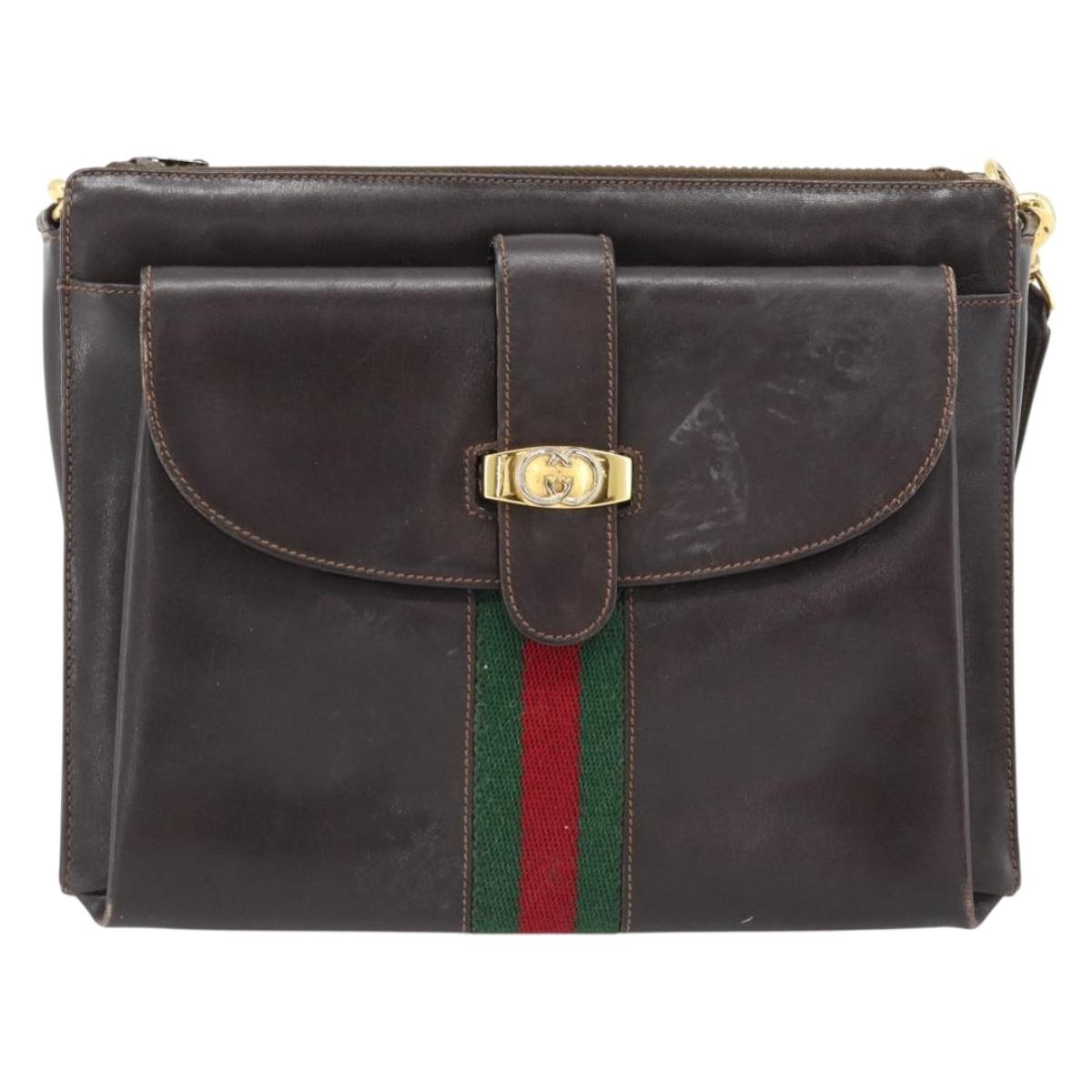 GUCCI Web Sherry Line Shoulder Bag Leather Brown Red Green Auth 181788