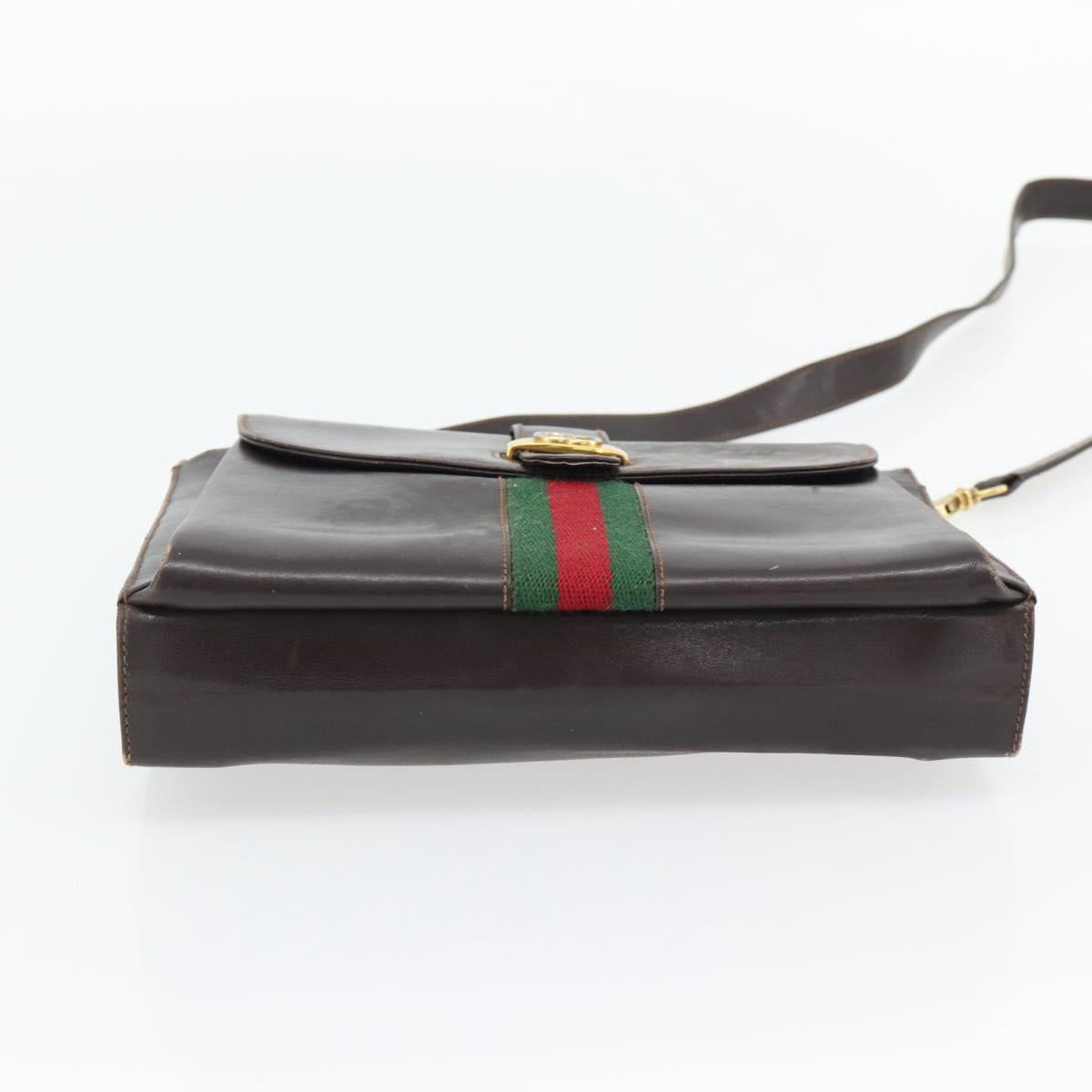 GUCCI Web Sherry Line Shoulder Bag Leather Brown Red Green Auth 181788