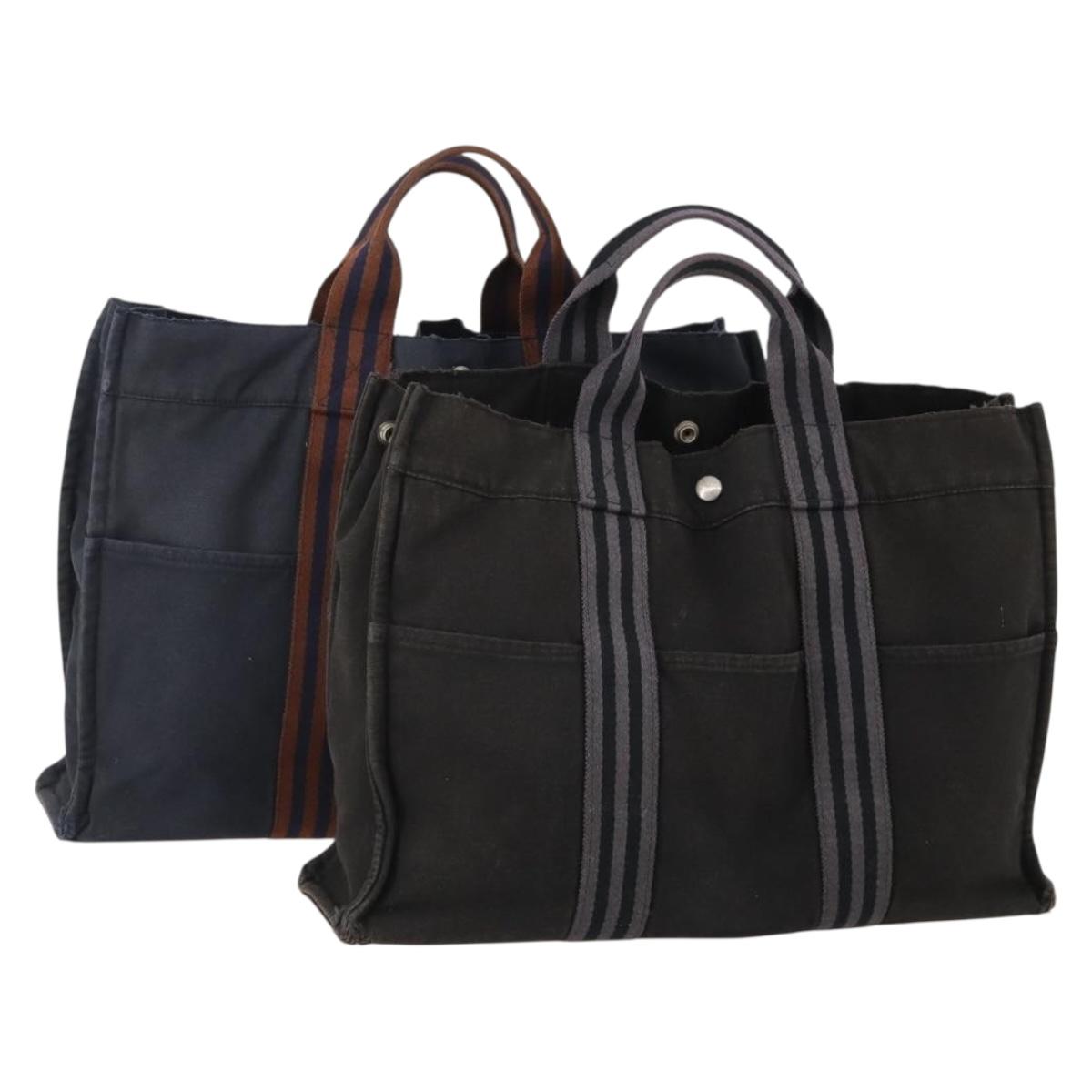 HERMES Fourre Tout Hand Bag Cotton 2 Set Black Navy Auth 181810