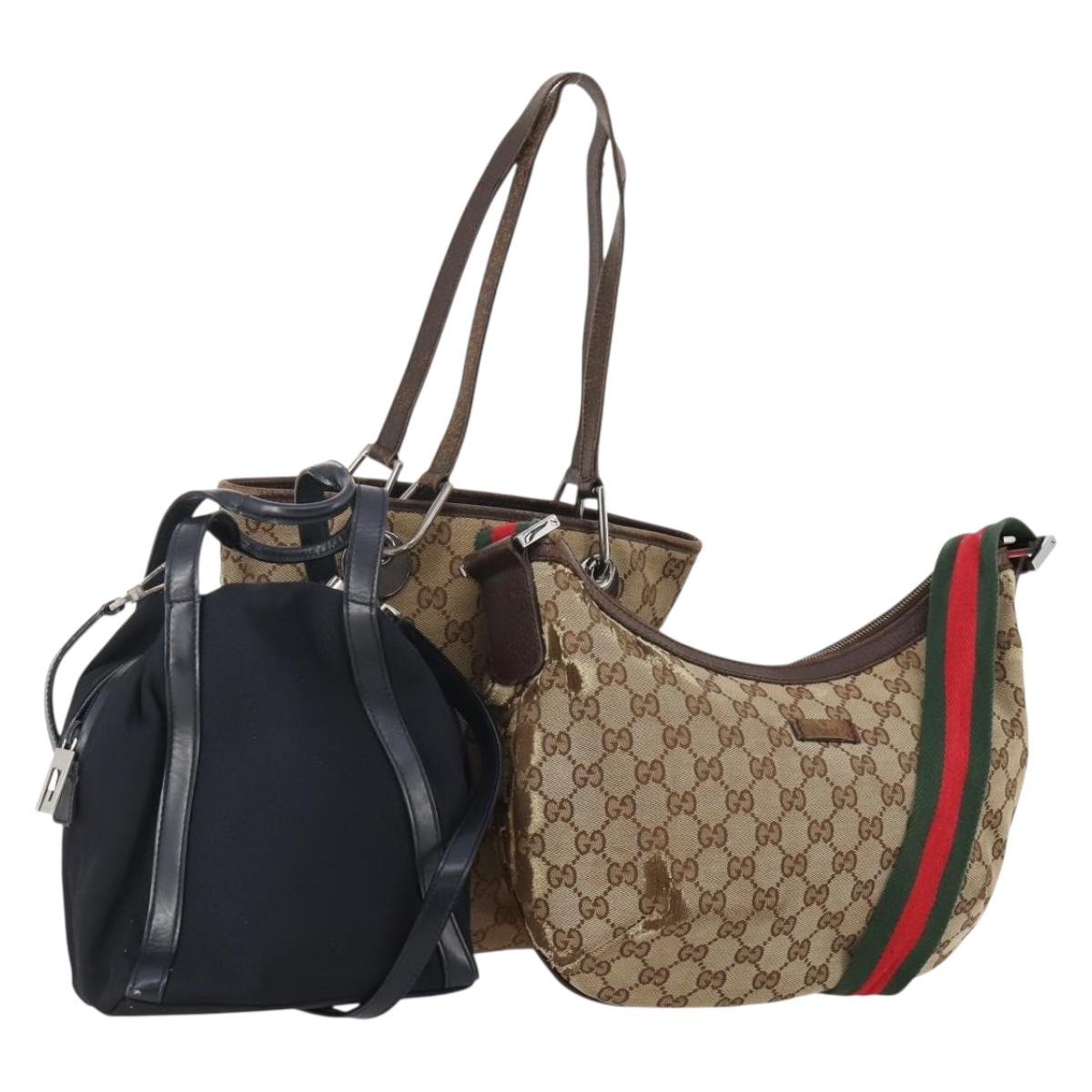 GUCCI GG Canvas Web Sherry Line Bag Canvas 3 Set Beige Red black Auth 181811