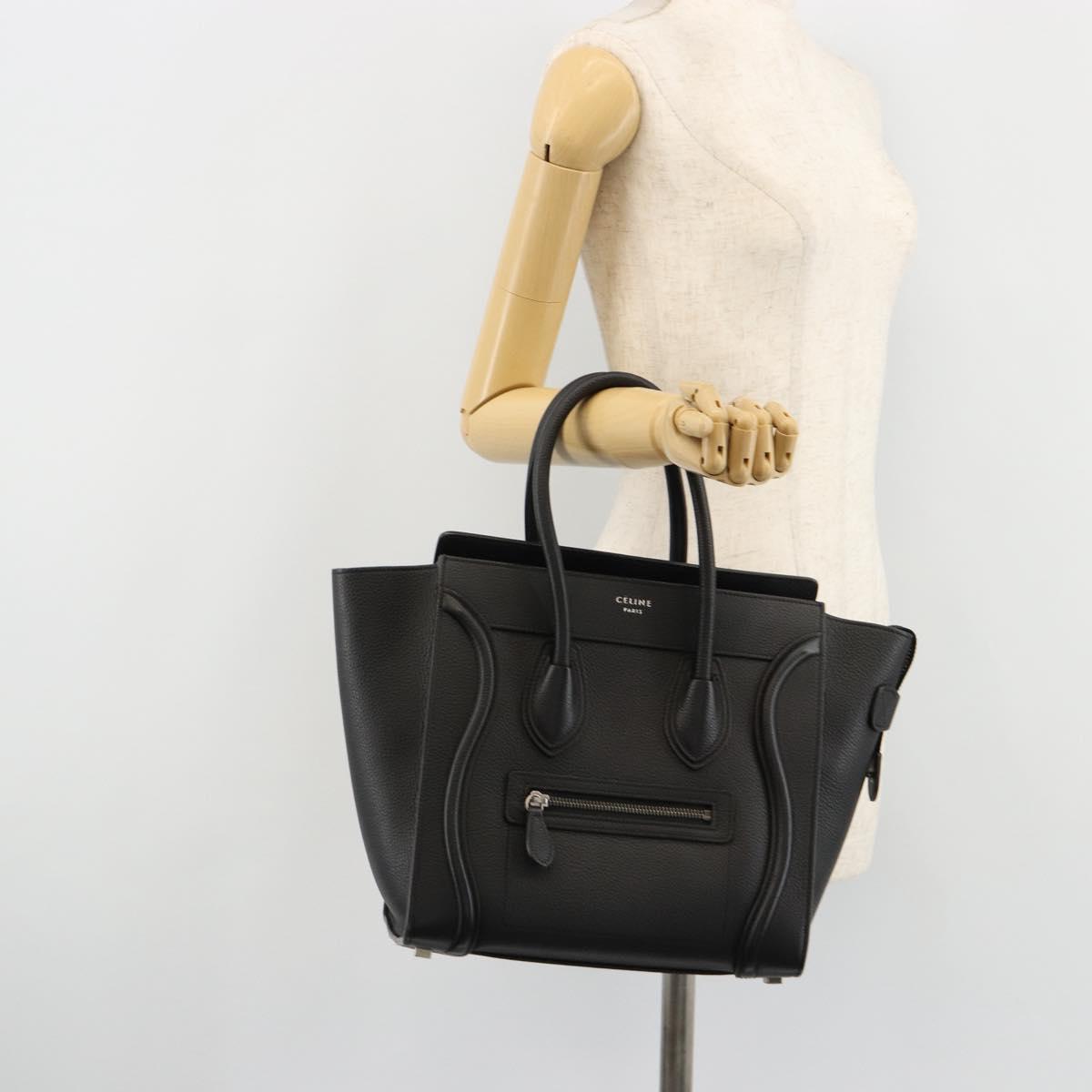CELINE Luggage Micro Shopper Hand Bag Leather Black Silver Auth 181819SAM