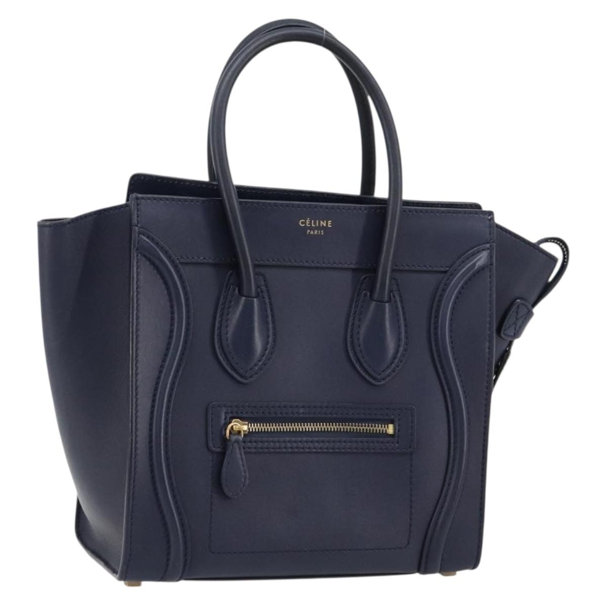 CELINE Luggage Micro Shopper Hand Bag Leather Navy Gold Auth 181820M