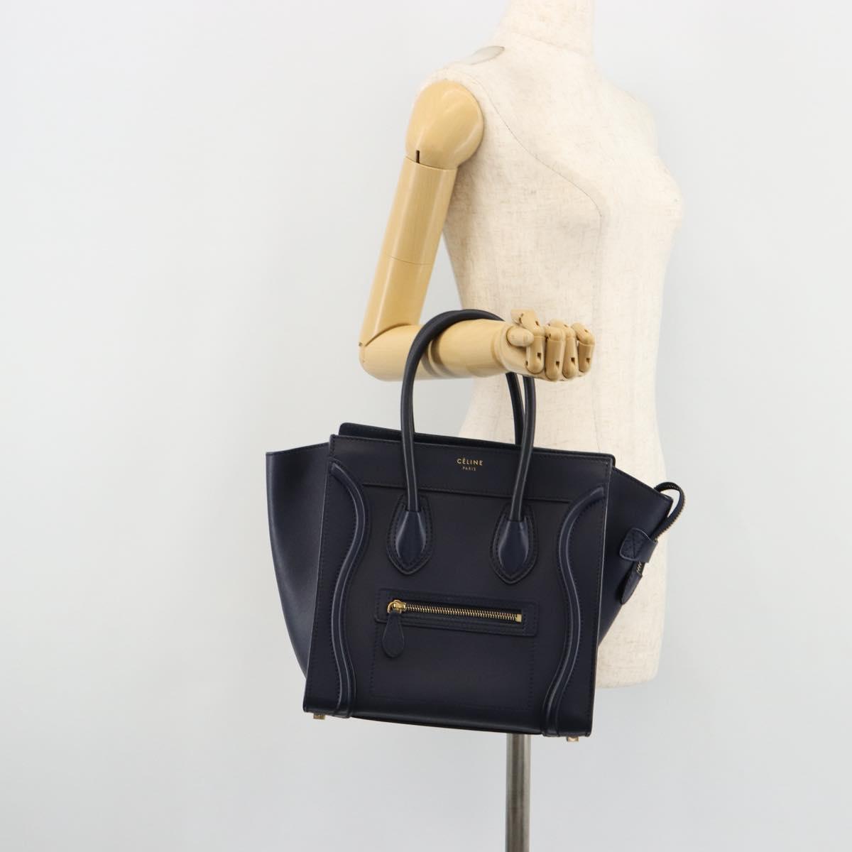 CELINE Luggage Micro Shopper Hand Bag Leather Navy Gold Auth 181820M