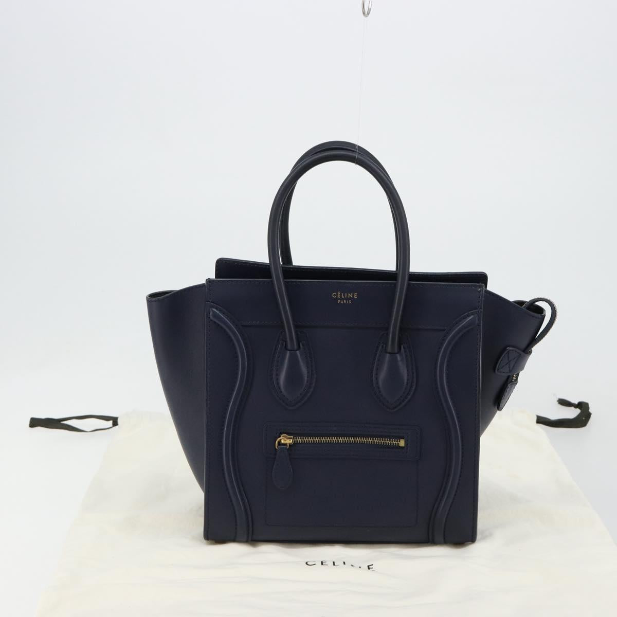 CELINE Luggage Micro Shopper Hand Bag Leather Navy Gold Auth 181820M