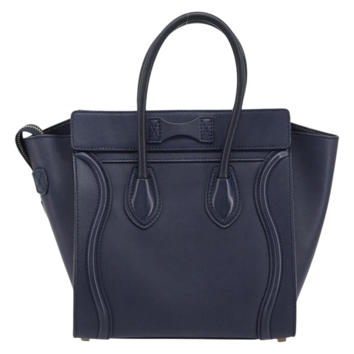 CELINE Luggage Micro Shopper Hand Bag Leather Navy Gold Auth 181820M