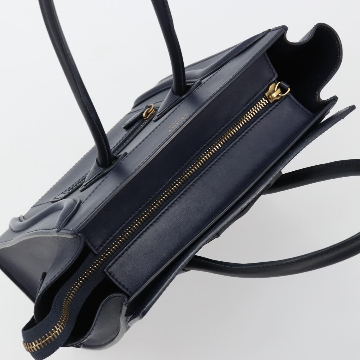 CELINE Luggage Micro Shopper Hand Bag Leather Navy Gold Auth 181820M