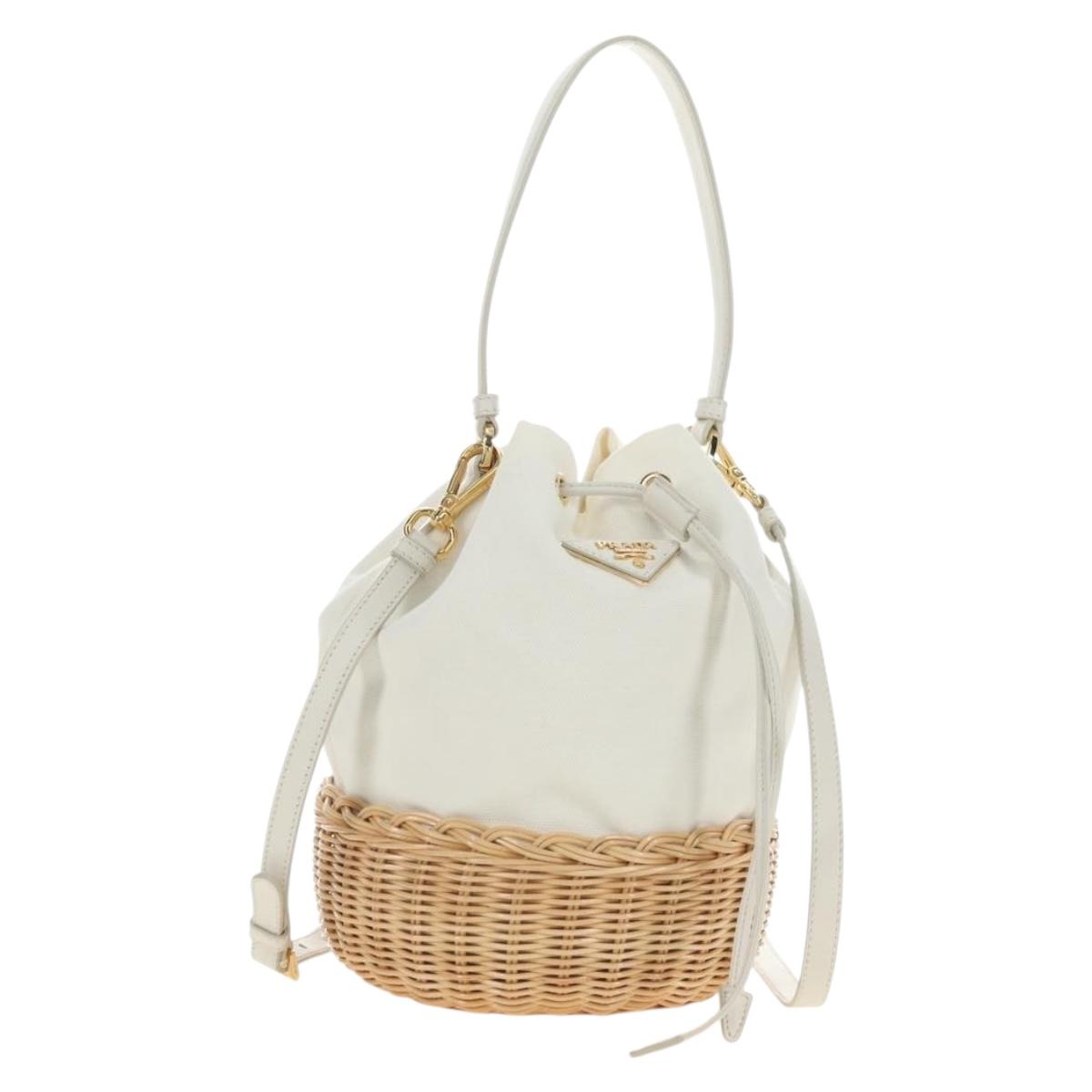 PRADA Hand Bag Rattan 2way White Gold Auth 181826SM