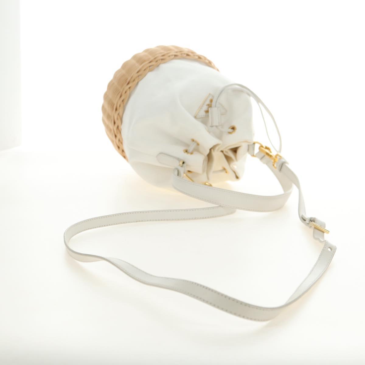 PRADA Hand Bag Rattan 2way White Gold Auth 181826SM