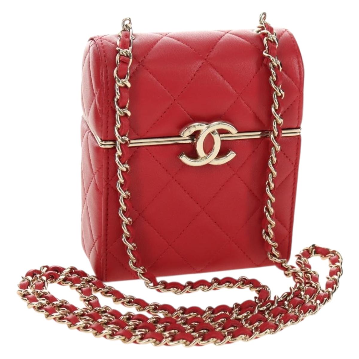 CHANEL Matelasse Chain Shoulder Bag Lamb Skin Red Gold CC Auth 181834SAM