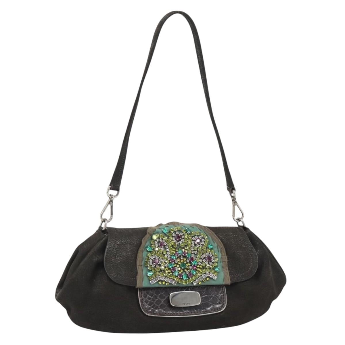 PRADA Shoulder Bag Leather Dark Brown Silver Auth 181835M