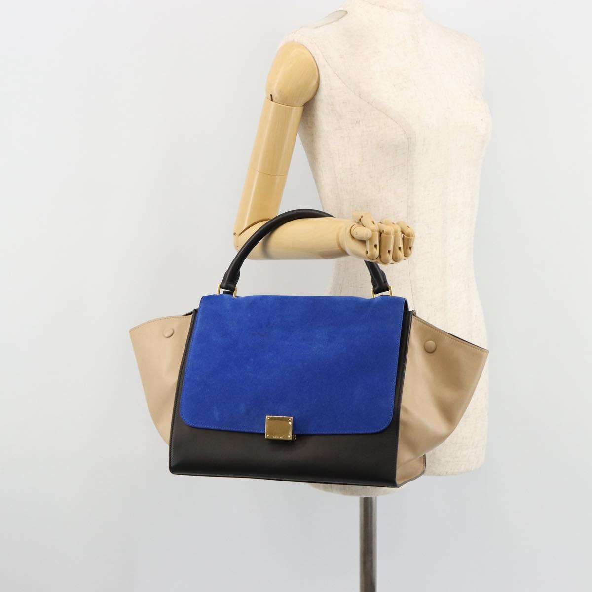 CELINE Trapeze Hand Bag Suede 2way Blue Gold Auth 181841