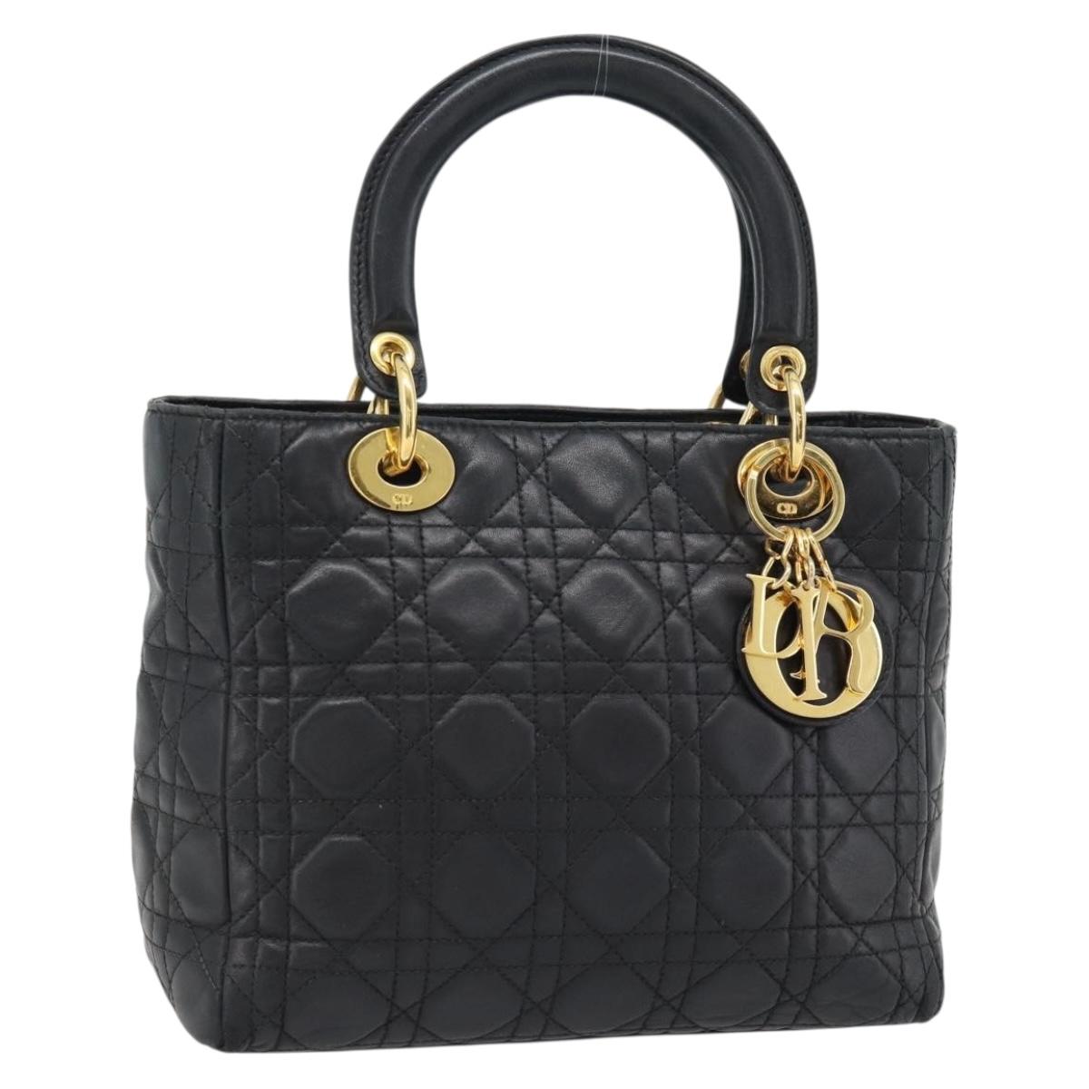 Christian Dior Canage Lady Dior Hand Bag Lamb Skin Black Gold Auth 181843A