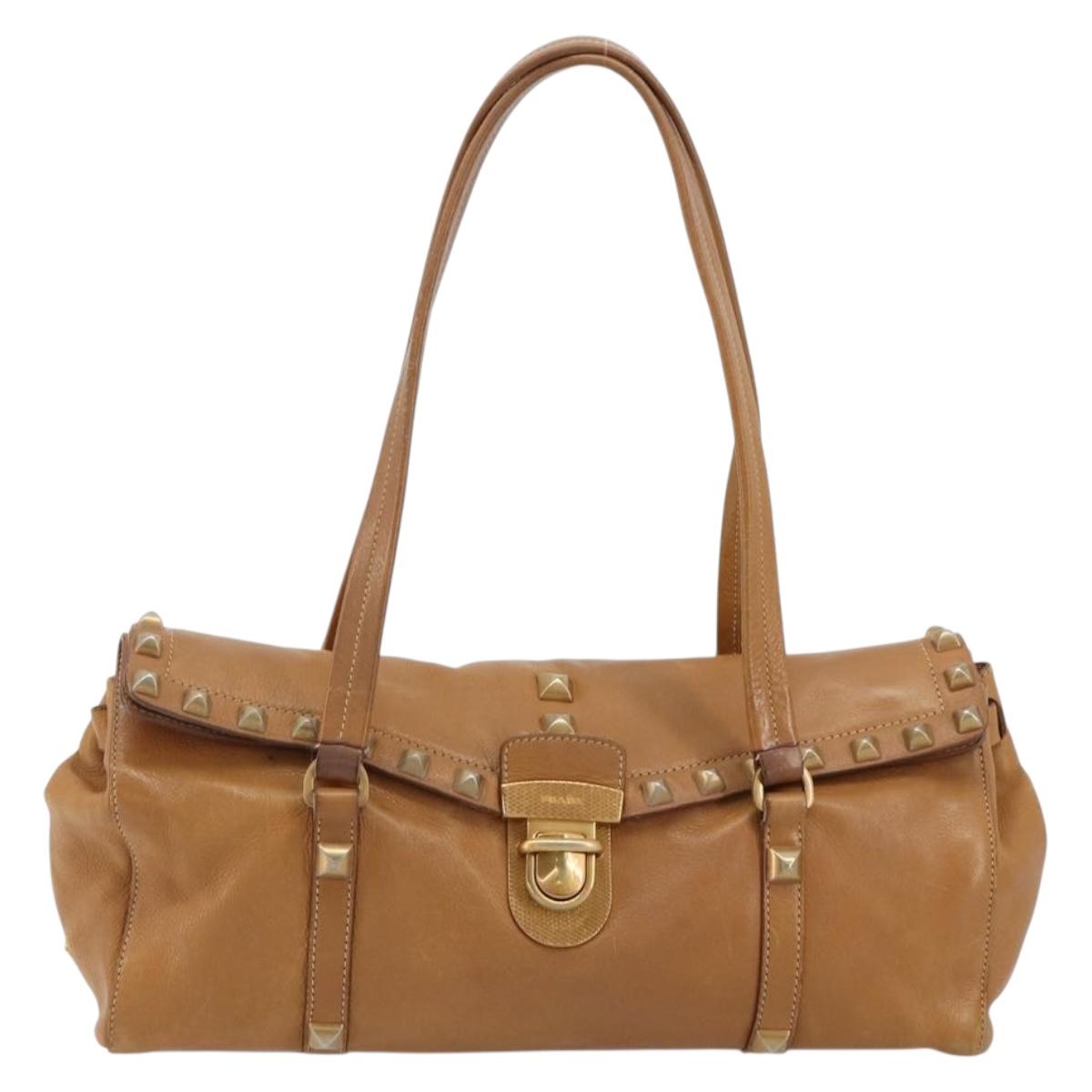PRADA Tote Bag Leather Beige Gold Auth 181853A